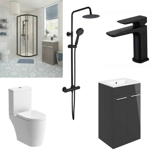 900x900mm Black Quadrant Shower, 2 Door Basin Unit, Toilet, Basin Tap and Shower Mixer Suite image