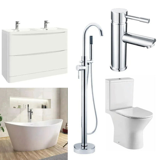 Aruba Freestanding Bath with Shower Mixer Tap, Toilet, Basin Unit and Sprung Wastes image