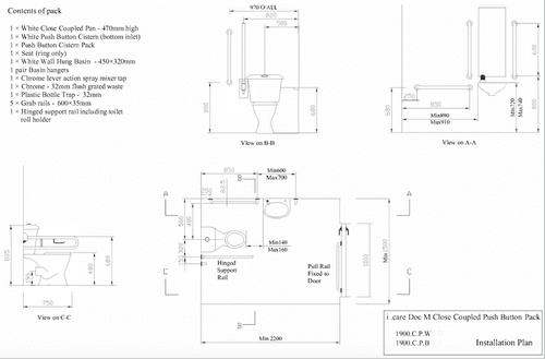 Doc M Pack with Stainless Steel - Blue - Grey or White Grab Rails - Lever Cistern