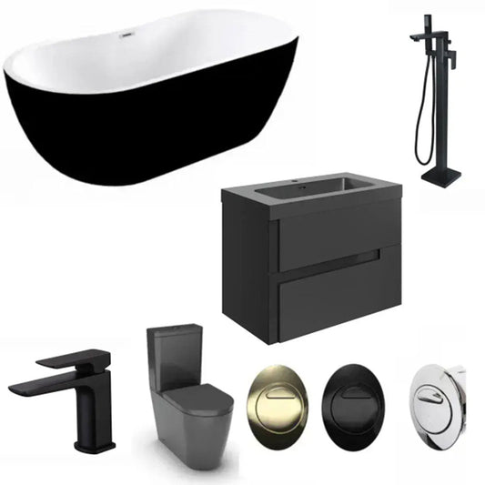 Black and White Freestanding Bath Suite with Taps, Toilet, Wall Hung Basin Unit image