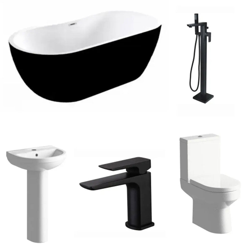 Black Freestanding Bath with Shower Mixer Taps, Basin Tap, Toilet and Pedestal Basin image
