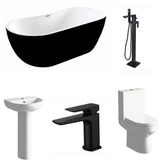Black Freestanding Bath with Shower Mixer Taps, Basin Tap, Toilet and Pedestal Basin image