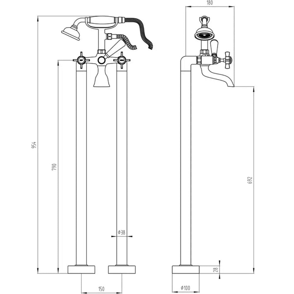 Cross Top Floor Standing Bath/Shower Mixer with Shower Kit, Chrome image 2