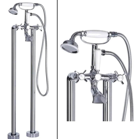 Cross Top Floor Standing Bath/Shower Mixer with Shower Kit, Chrome image