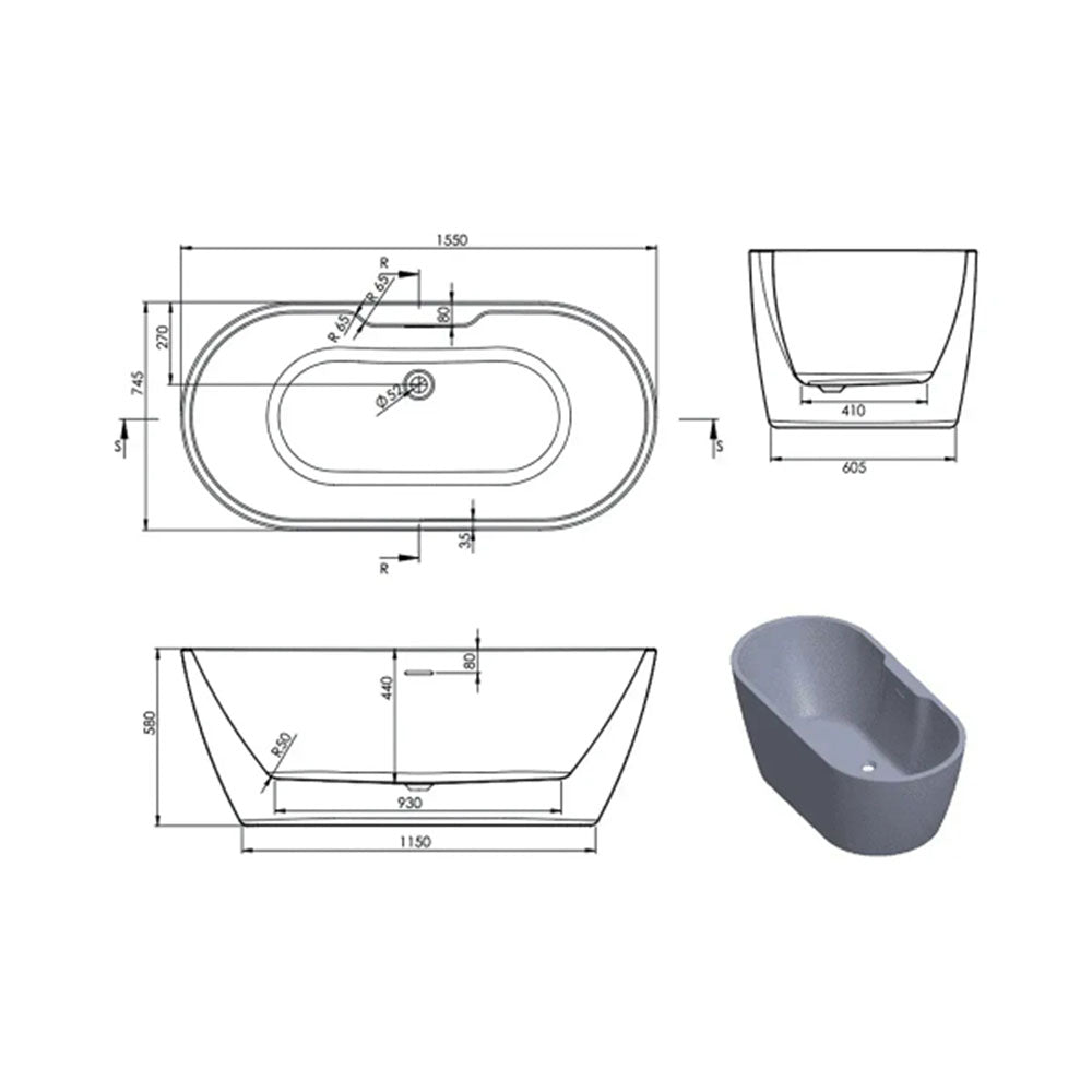 Cygnus 1550 x 740mm White Freestanding Bath image 4