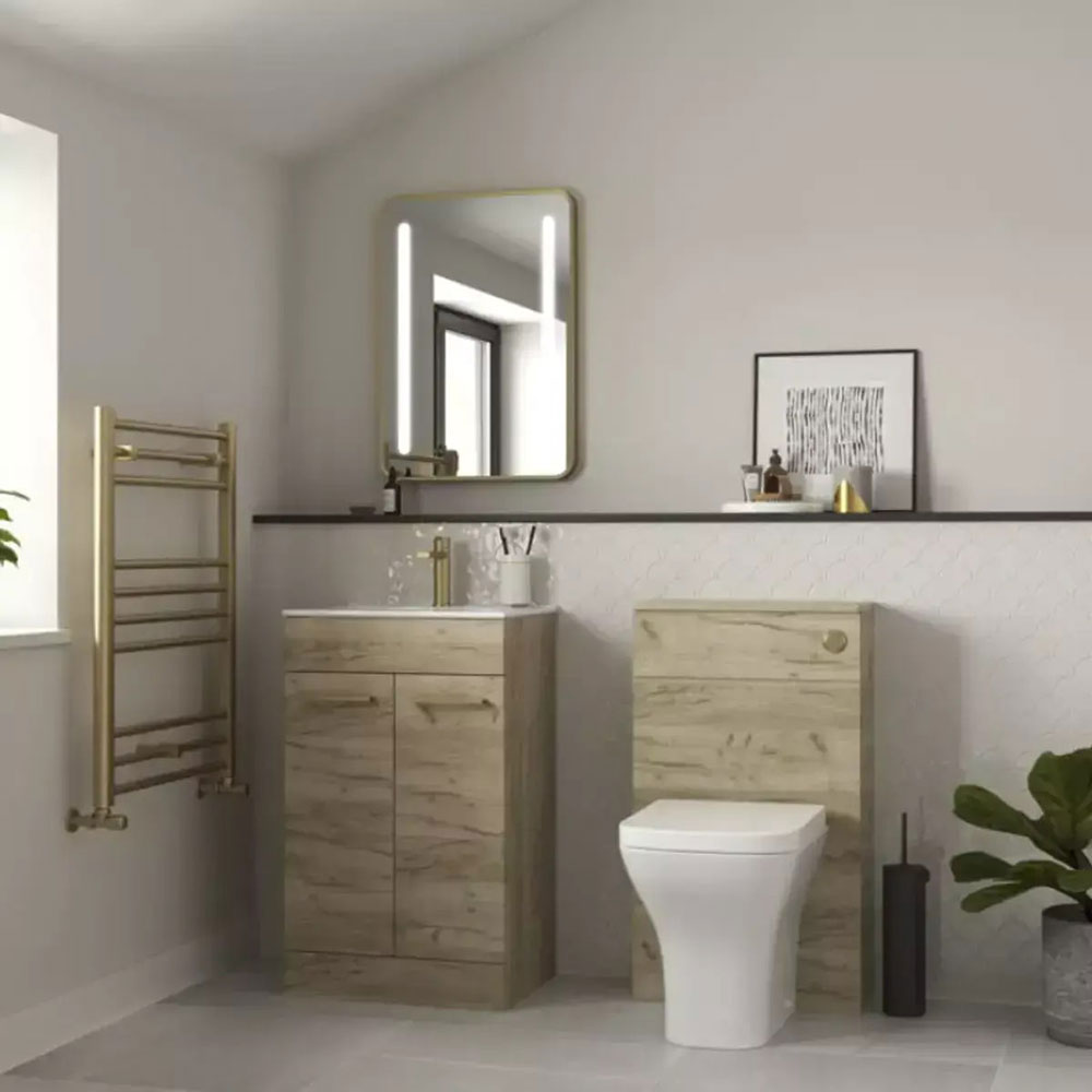 Deltar Oak Gloss Furniture Bathroom Suite with Brushed Brass Finishes image 1