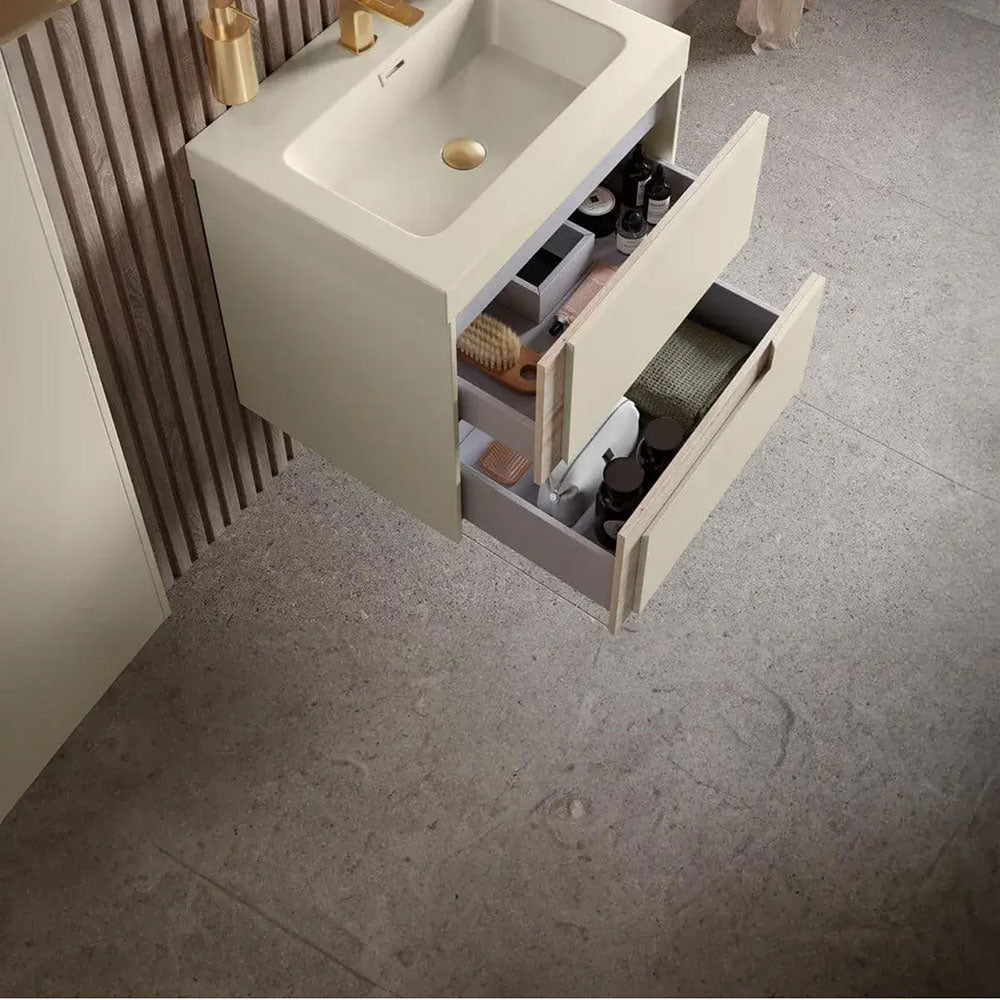 Form 605mm 2 Drawer Wall Hung Basin Unit, Matt Cotton and Oak, White Basin image 1