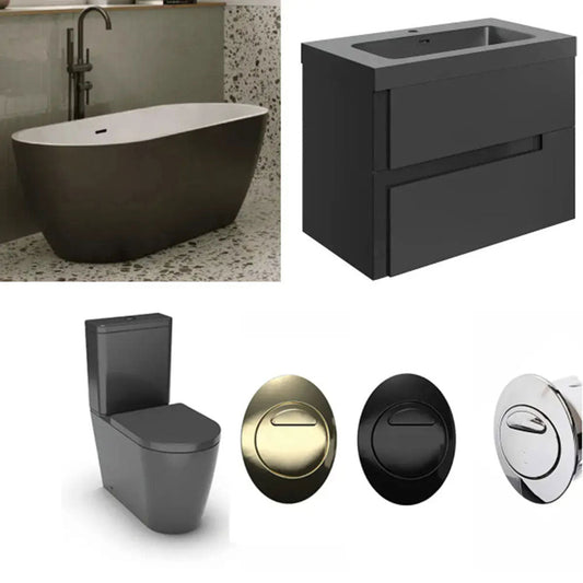 Freestanding Bath, Black Toilet and 2 Drawer Wall Hung Vanity Unit image
