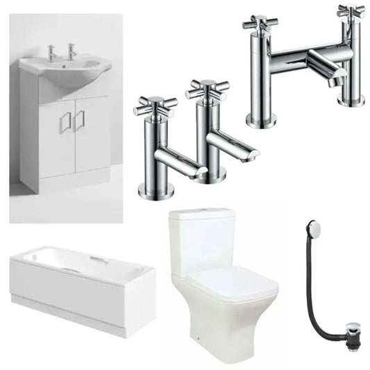 Granada Bathroom Suite with Bath, 2 Tap Hole Basin Unit, Taps and Toilet image