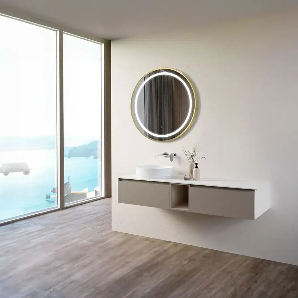 Halo Round Mirror, 600mm, Brushed Brass, Front Lit, LED image 1