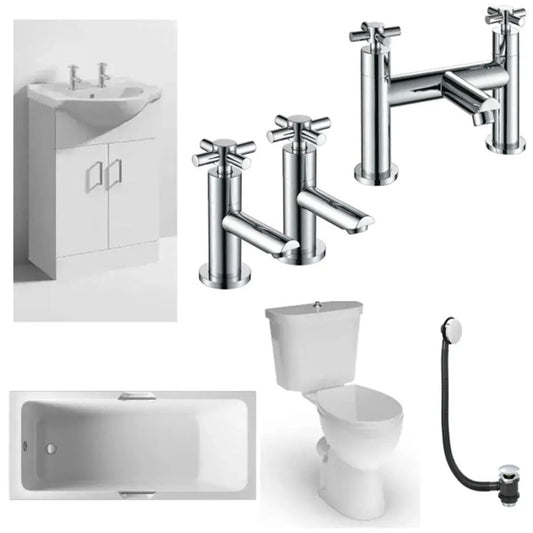 Icare Assist Bathroom Suite with Low Height Bath, Raised Height Toilet and 2 Tap Hole Vanity Unit image