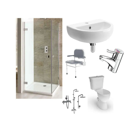 ICare Shower Bathroom Suite, Raised Toilet, Chair, Shower, Basin and Basin Mixer image