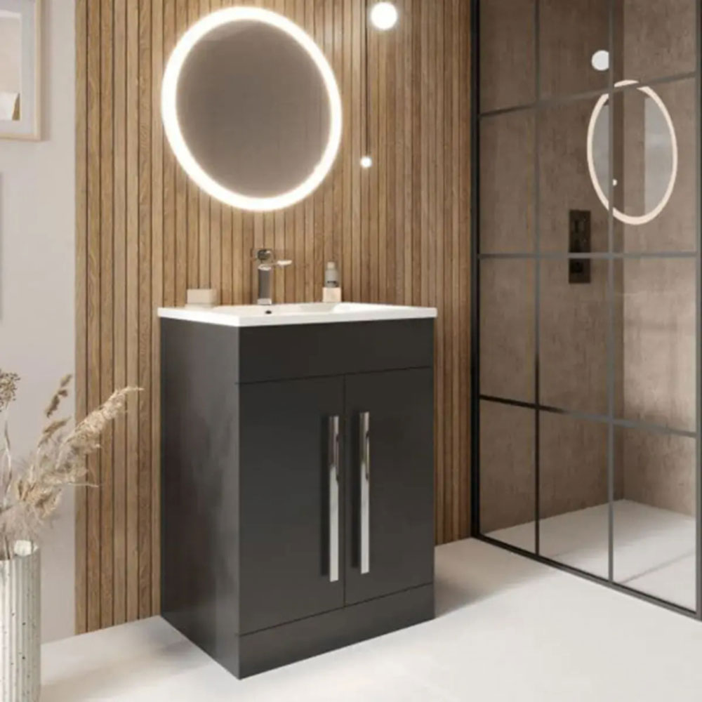 L Shape Shower Bath Suite, Serpens Toilet, White Floor Standing Vanity, Black Taps and Shower image 18