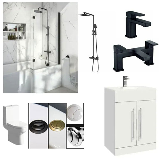 L Shape Shower Bath Suite, Serpens Toilet, White Floor Standing Vanity, Black Taps and Shower image