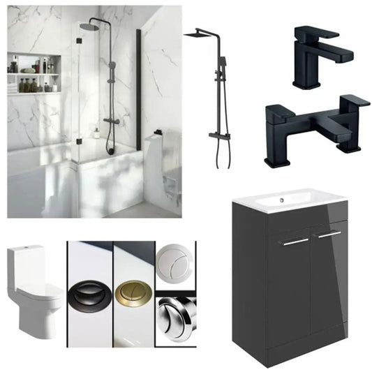 L Shape Shower Bath Suite with Toilet, 2 Door Basin Unit, Taps and Shower image