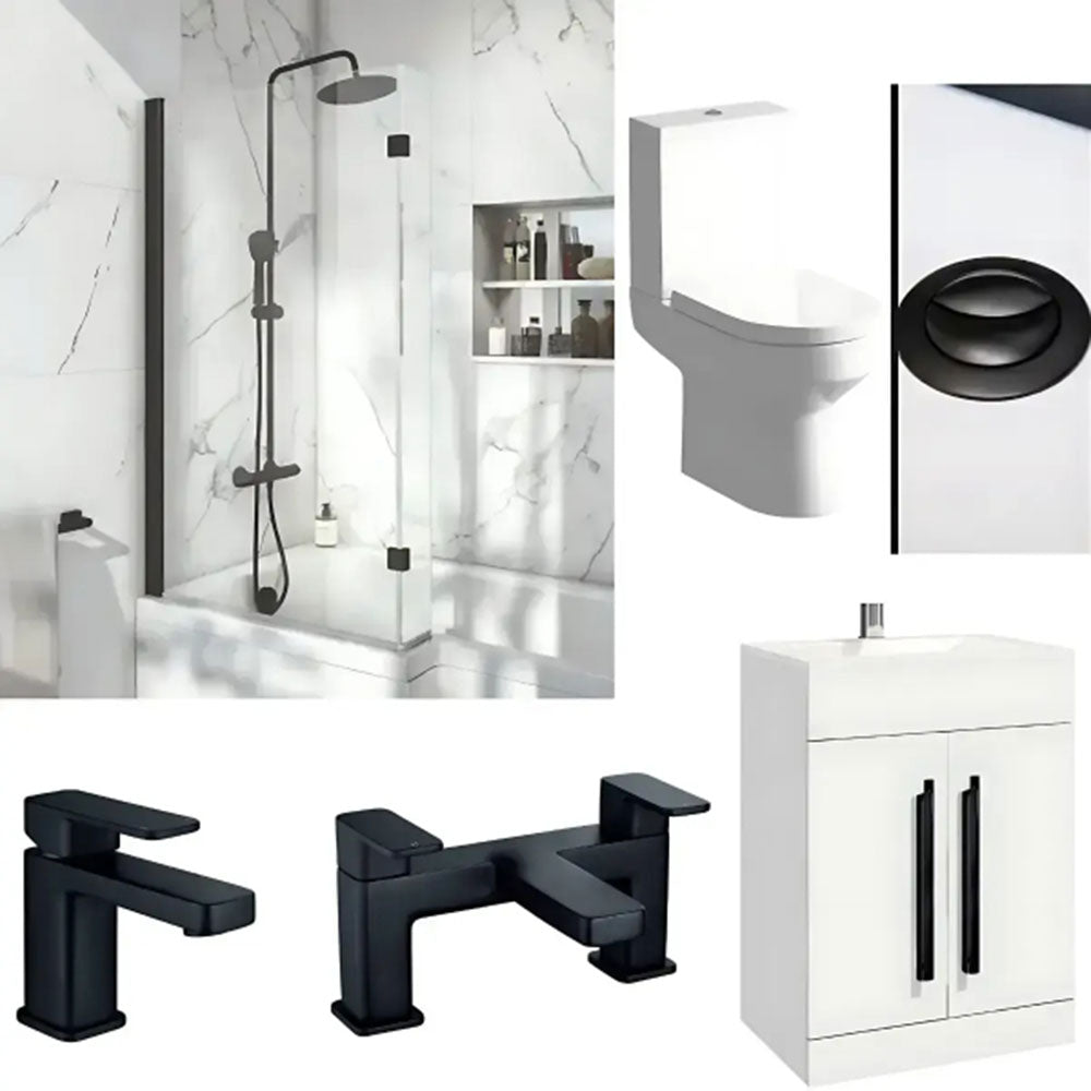 L Shaped Bath Vanity Suite with Black Taps, Dual Head Shower & Accessories image