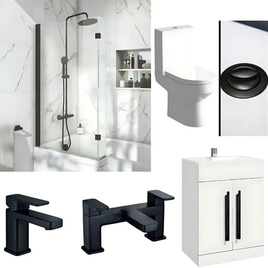 L Shaped Bath Vanity Suite with Black Taps, Dual Head Shower & Accessories image