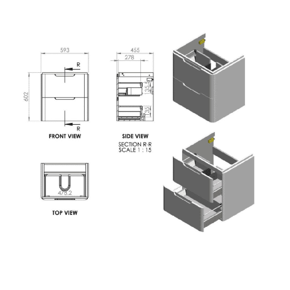 Libras 600 2 Drawer Wall Hung Basin Unit, White Gloss image 2