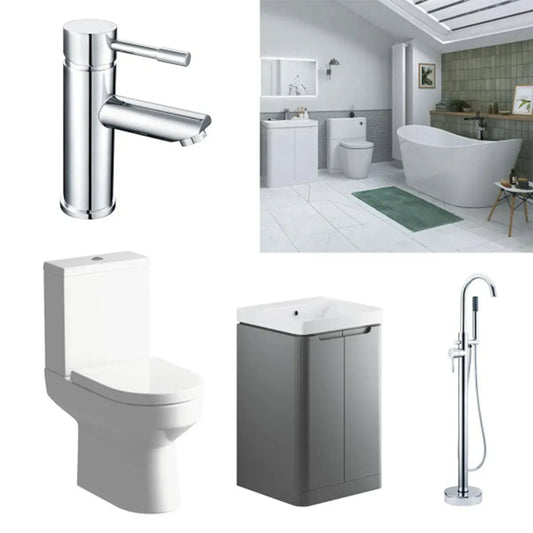 Libras Bathroom Suite with Freestanding Bath, 1 Tap Hole Basin Unit, Taps & Toilet image