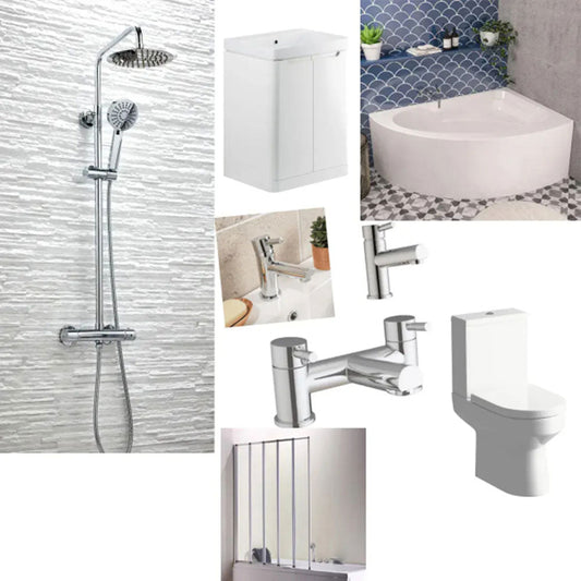 Lundy Corner Bath with Bath Screen, Toilet, Basin, Tap and Mixer Shower Suite image