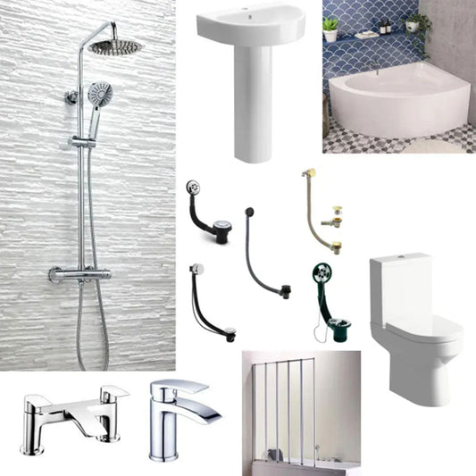 Lundy Corner Bath with Bath Screen, Toilet, Basin, Taps, Wastes and Dual Shower image