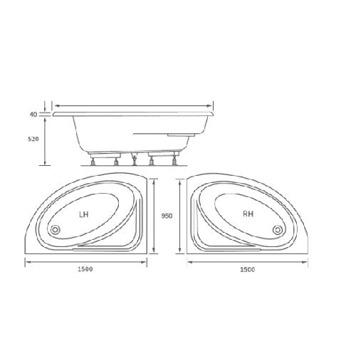 Selma Reinforced Super Strength Corner Bath 1500 x 950mm Left or Right Hand