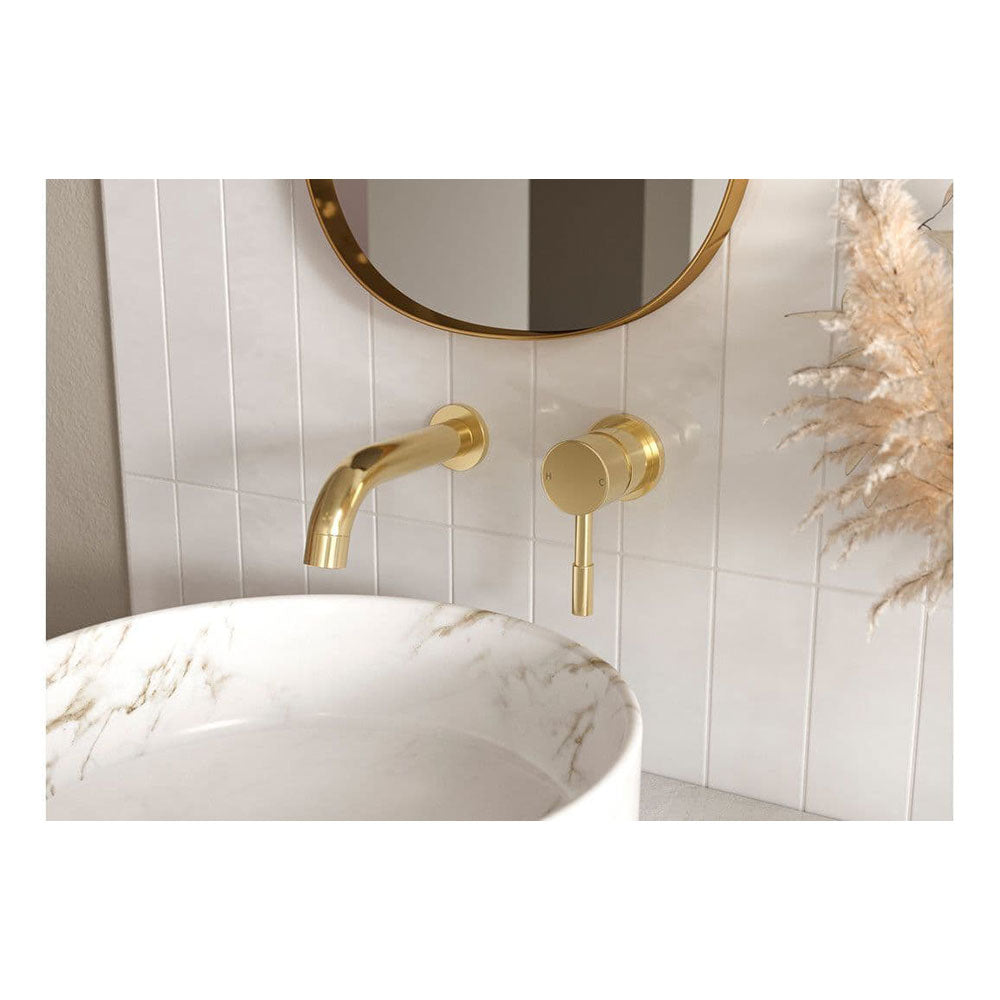 Pesco Mono Wall Mounted Basin Tap, Brushed Brass, Modern Lever Style