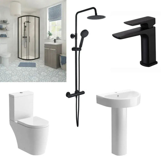 Quadrant Shower Suite with Pedestal Basin, Toilet, Basin Tap and Shower Mixer image