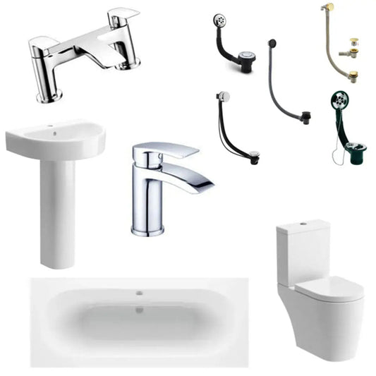 Reinforced Emery Round Double Ended Bath, Pedestal Basin, Close Coupled Toilet, Taps, Bath Waste image