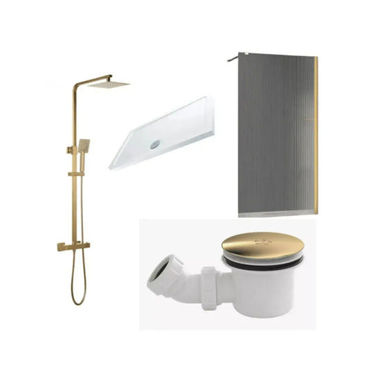 Saturn Brushed Brass Fluted Shower Screen with Shower, Extra Large Tray & Waste image