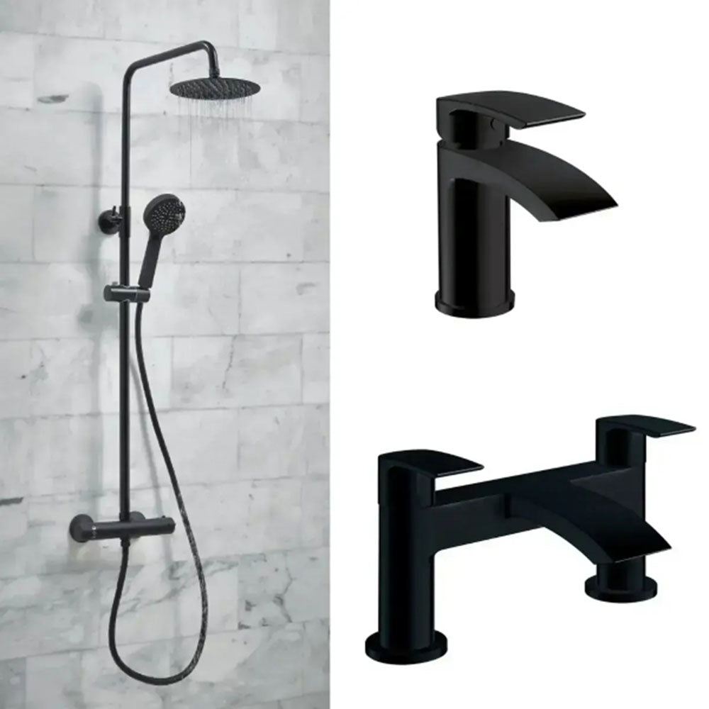 Serpens Bathroom Suite with 1650x700mm Bath, Toilet, Basin, Black Dual Shower and Taps image 13