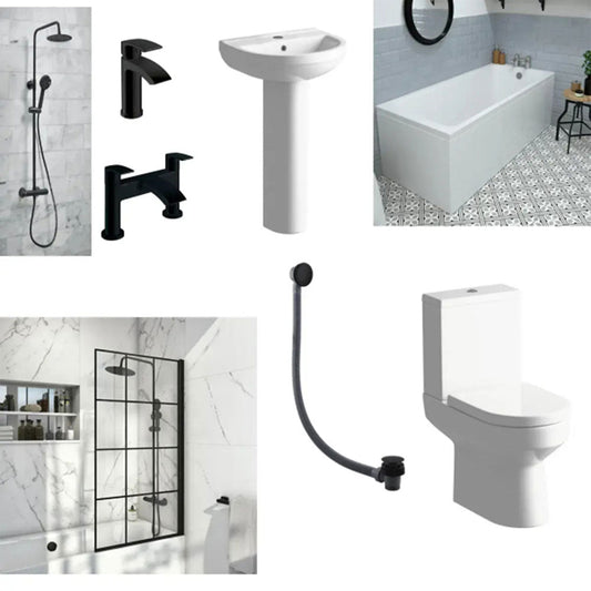 Serpens Bathroom Suite with 1650x700mm Bath, Toilet, Basin, Black Dual Shower and Taps image