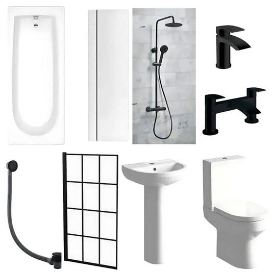 Serpens Matt Black Full Bathroom Suite with Bath Screen, Taps and Dual Shower image