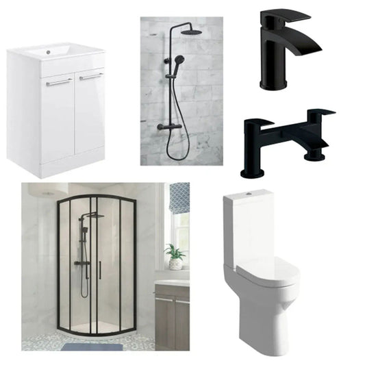 Serpens Matt Black Quadrant Shower Enclosure Suite with Vanity Unit, Toilet, Taps and Dual Shower image