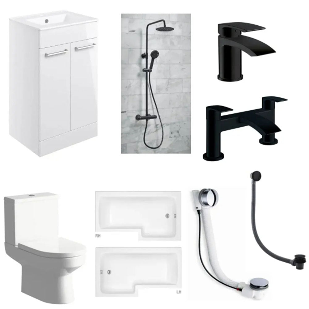 Serpens Matt Black Vanity Unit Bathroom Suite with L Shape Shower Bath and Dual Shower image