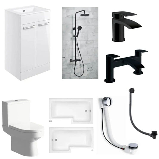 Serpens Matt Black Vanity Unit Bathroom Suite with L Shape Shower Bath and Dual Shower image