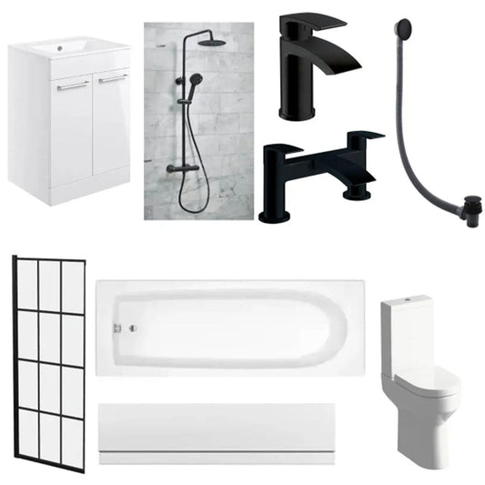 Serpens Vanity Unit Bathroom Suite with 1700x700mm Bath, Matt Black Screen and Dual Shower image