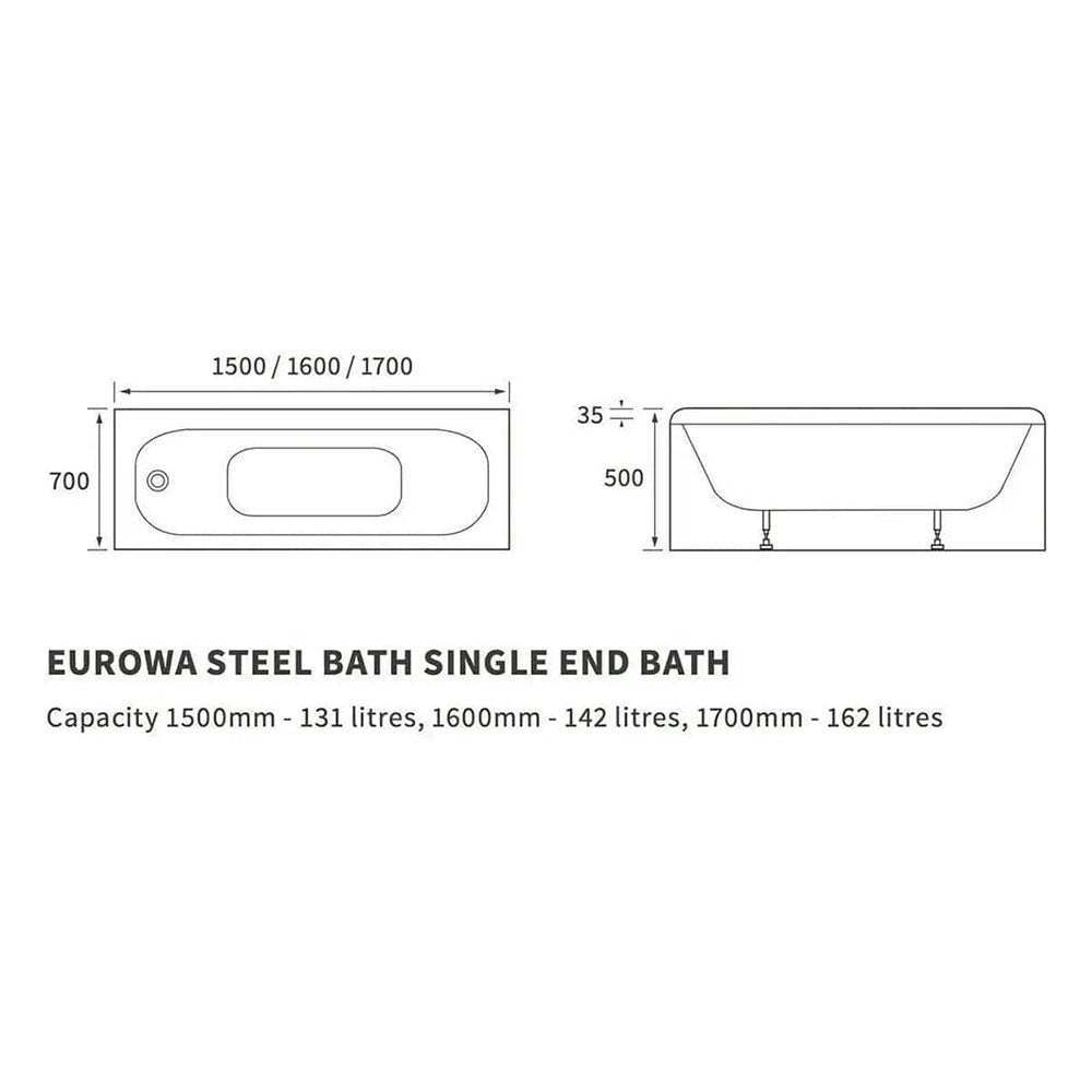 Single Ended Steel Bath, Various Lengths, with 2 Tap Holes image 1