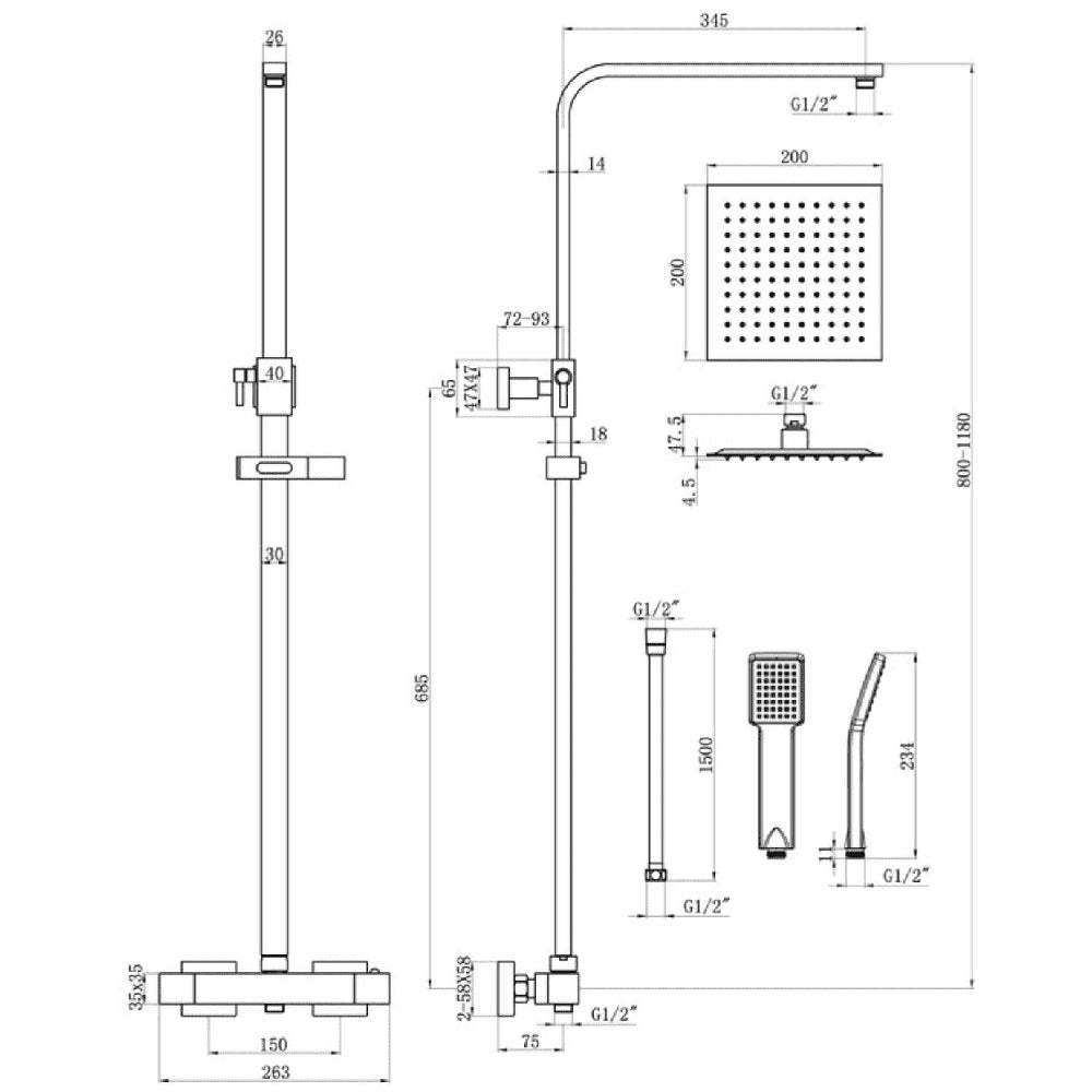 Square Thermostatic Bar Mixer with Riser Kit, Matt Black image 1