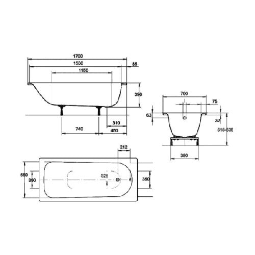 Steel Bath with Grips, Anti-slip Bath, 1700mm x 700mm, White, 2 Tap Holes image 1