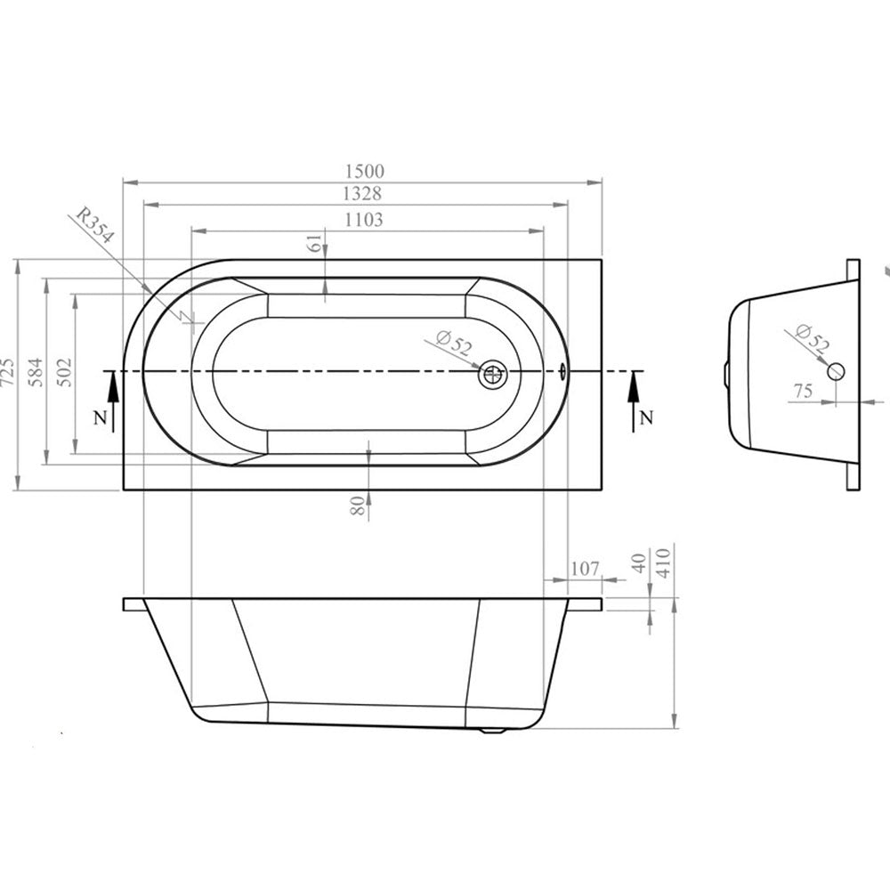 Swept Back To Wall Corner Bath, 1500mm x 725mm, Left or Right Handed image 9
