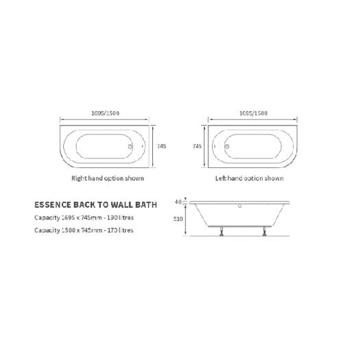 Swept Bath To Wall Corner Bath, 1700mm x 725mm, Left or Right Handed image 2