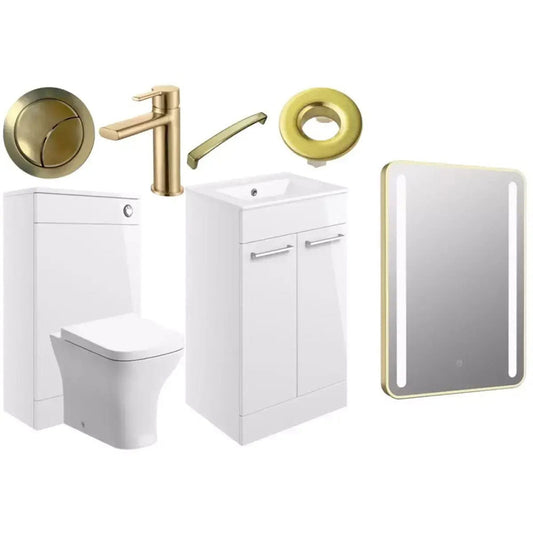 Deltar White Gloss Furniture Bathroom Suite with Brushed Brass Finishes image