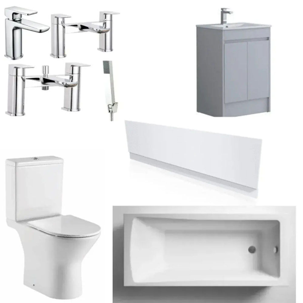 Deva Square Bath, Light Grey Vanity Unit, Bath,  Panels, Taps, Close Coupled Toilet and Basin image