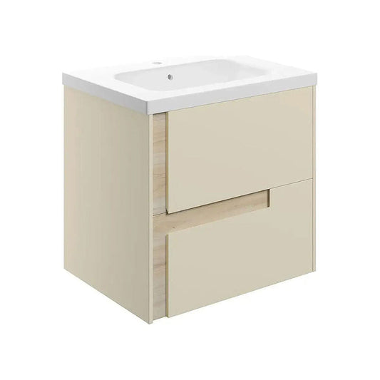 Form 605mm 2 Drawer Wall Hung Basin Unit, Matt Cotton and Oak, White Basin image