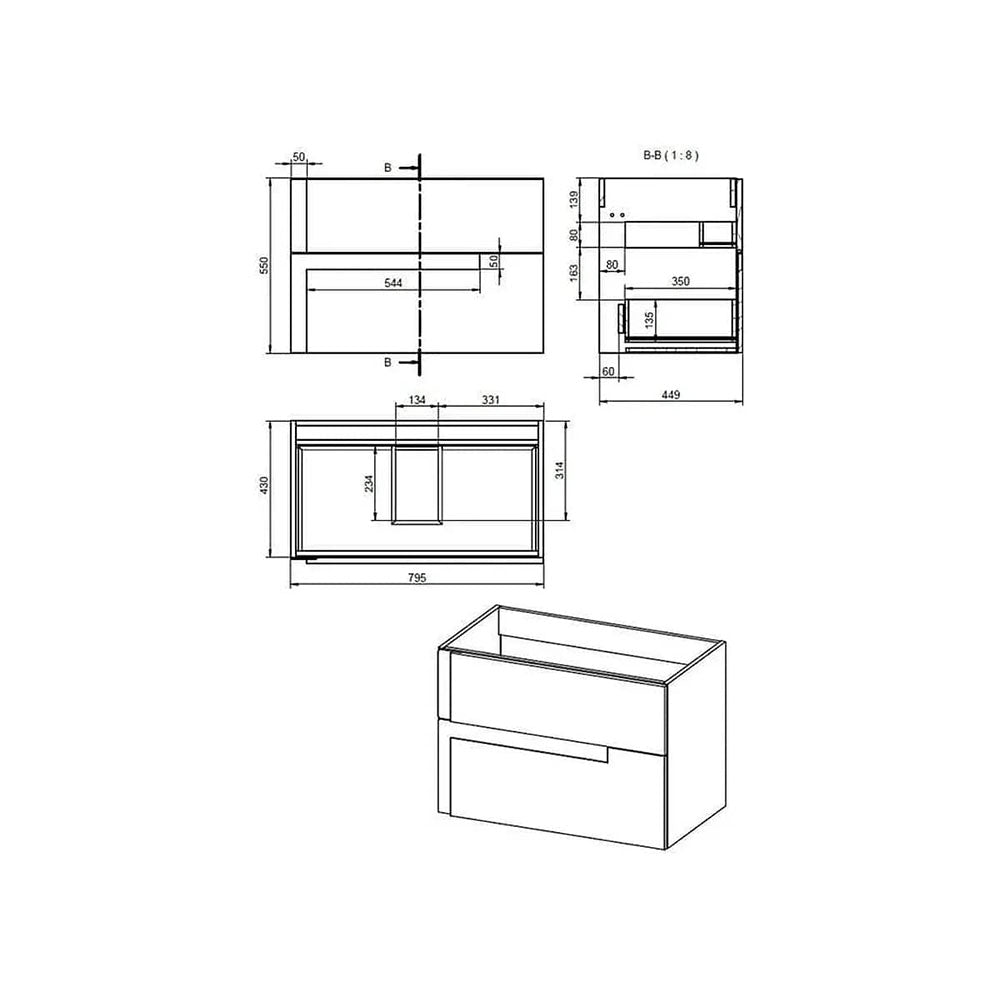 Form 805mm 2 Drawer Wall Hung Basin Unit, Matt Cotton and Oak, White Basin image 1