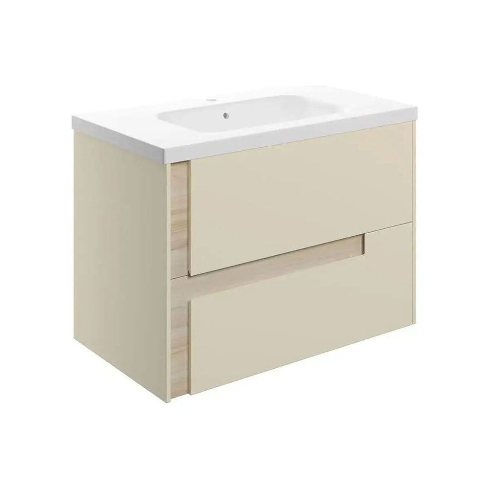 Form 805mm 2 Drawer Wall Hung Basin Unit, Matt Cotton and Oak, White Basin image