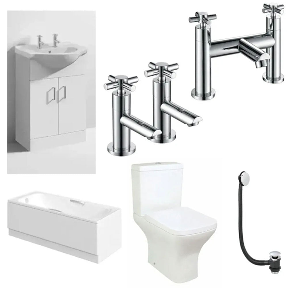 Granada Bathroom Suite with Bath, 2 Tap Hole Basin Unit, Taps and Toilet image