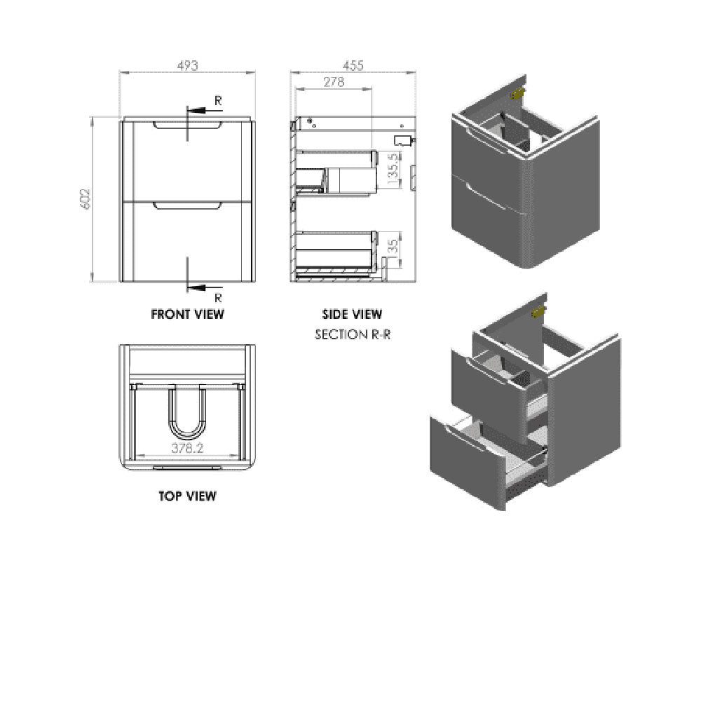 Libras 500 2 Drawer Wall Hung Cloakroom Basin Unit, Matt Grey image 3