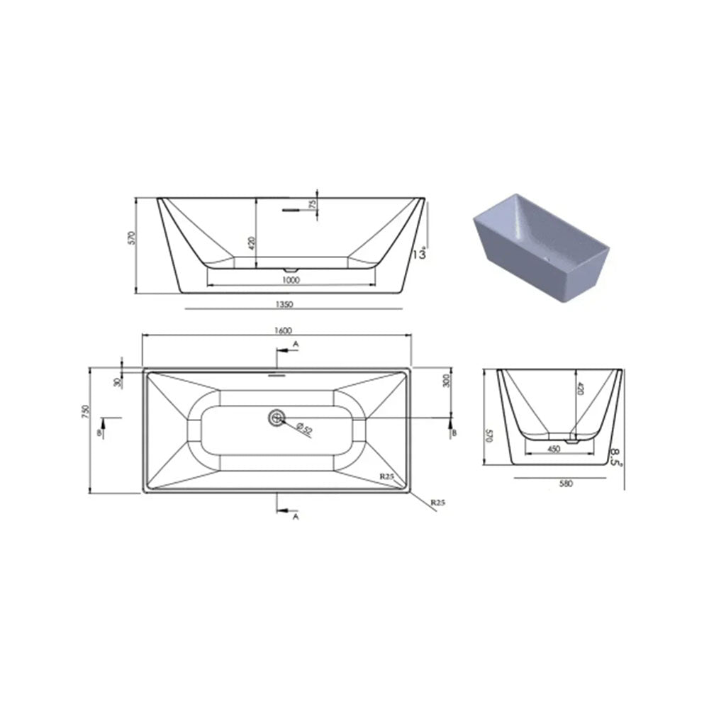Linx 1600 x 750mm Freestanding Bath image 5